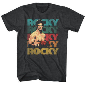 Rocky T-Shirt Distressed 70's Color Logo Black Heather Tee - Yoga Clothing for You