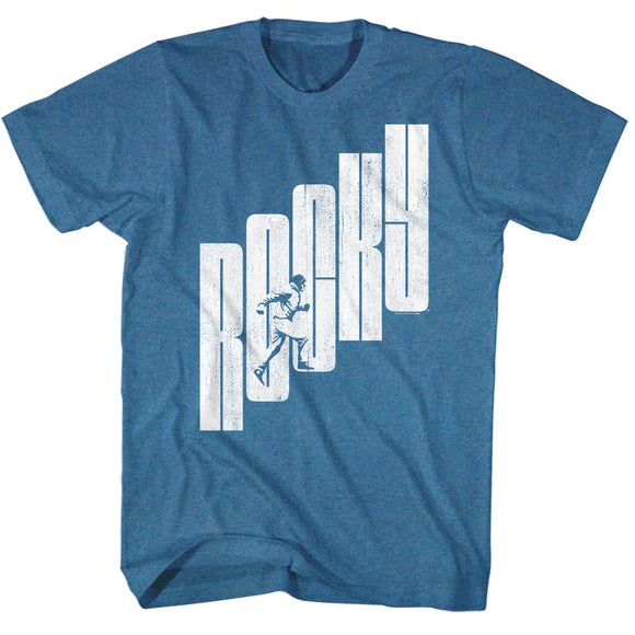 Rocky T-Shirt Running Up Stairs In Logo Pacific Blue Heather Tee - Yoga Clothing for You