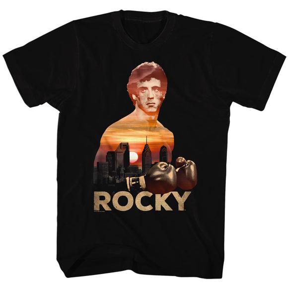 Rocky T-Shirt Sunset Over Philly Silhouette Black Tee - Yoga Clothing for You