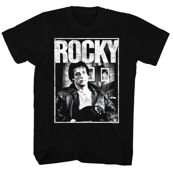 Rocky Tall T-Shirt Distressed Sitting In Office Portrait Black Tee - Yoga Clothing for You