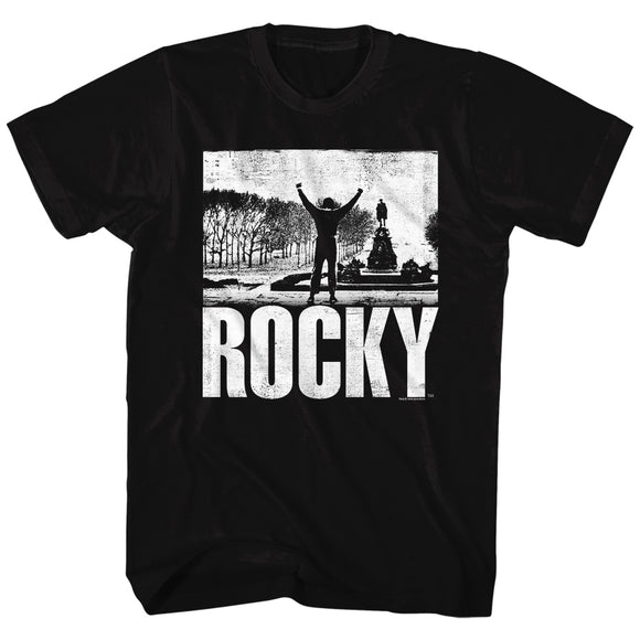 Rocky Tall T-Shirt Distressed White Top Of Stairs Black Tee - Yoga Clothing for You
