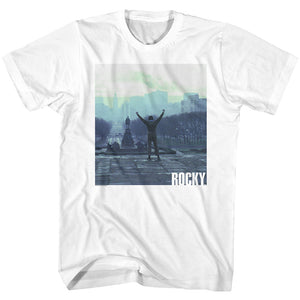 Rocky T-Shirt Blue Hue Top Of Stairs White Tee - Yoga Clothing for You