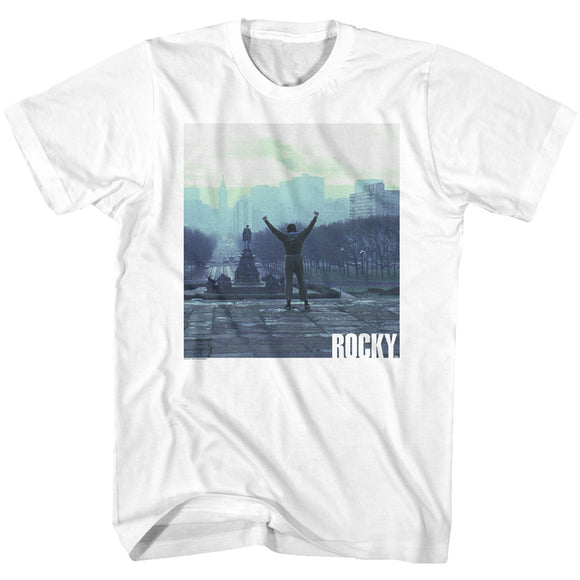 Rocky T-Shirt Blue Hue Top Of Stairs White Tee - Yoga Clothing for You
