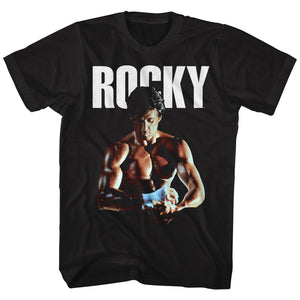 Rocky Tall T-Shirt Taping Fist Portrait Black Tee - Yoga Clothing for You