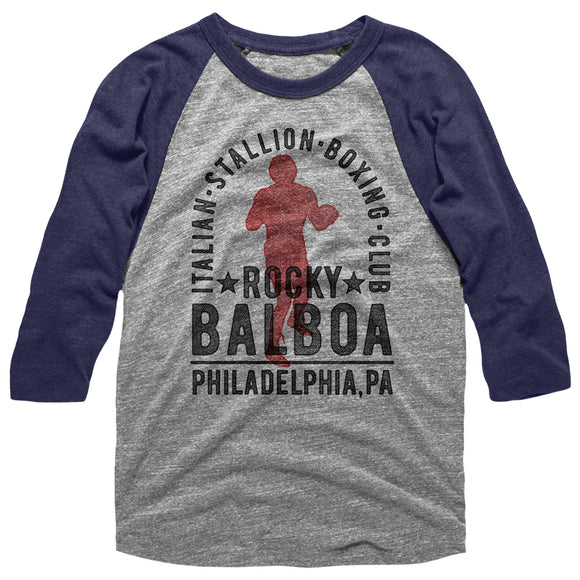 Rocky Raglan T-Shirt Distressed Boxing Club Grey/Blue 3/4 Sleeve Tee - Yoga Clothing for You