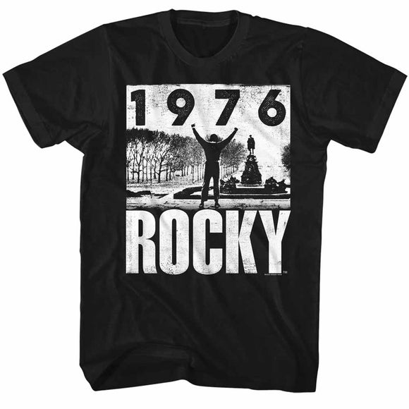 Rocky Tall T-Shirt Distressed 1976 Top Of Stairs Black Tee - Yoga Clothing for You