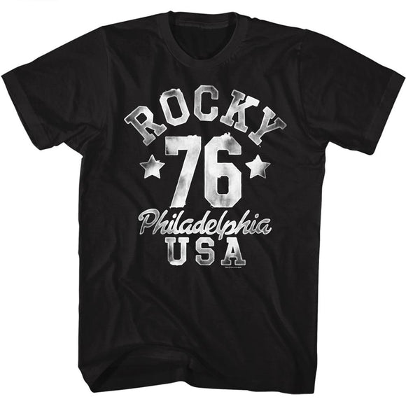 Rocky Tall T-Shirt Distressed Splotchy 76 Logo Black Tee - Yoga Clothing for You