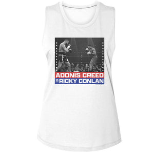 Rocky Creed vs Conlan Boxing Ladies Sleeveless Muscle White Tank Top