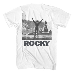 Rocky Black and White Logo Portrait White T-shirt Front and Back