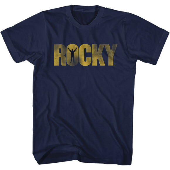 Rocky T-Shirt Distressed Faded Yellow Logo Navy Tee - Yoga Clothing for You