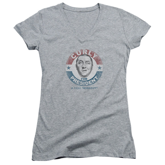 Three Stooges Juniors V-Neck T-Shirt Curly for President Heather - Yoga Clothing for You