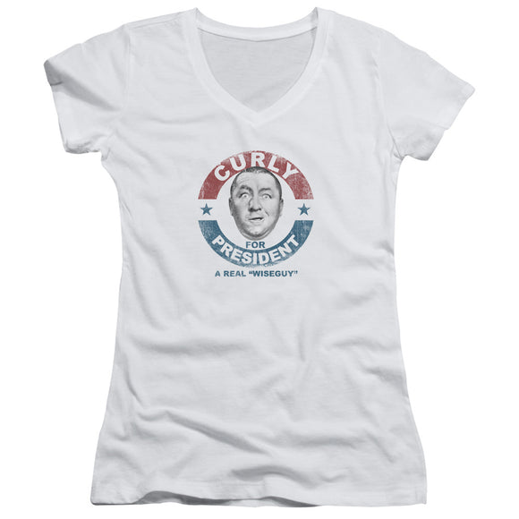 Three Stooges Juniors V-Neck T-Shirt Curly for President White Tee - Yoga Clothing for You