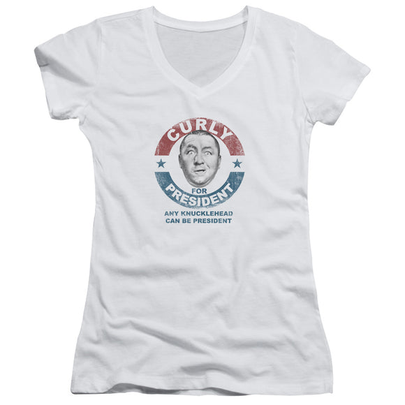 Three Stooges Juniors V-Neck Shirt Curly Knucklehead President White - Yoga Clothing for You