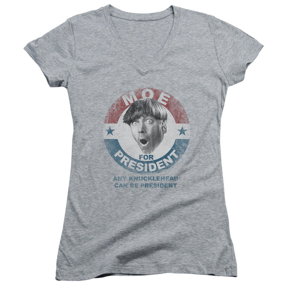 Three Stooges Juniors V-Neck Moe Knucklehead President Heather - Yoga Clothing for You