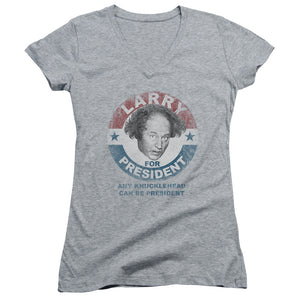 Three Stooges Juniors V-Neck Larry Knucklehead President Heather - Yoga Clothing for You