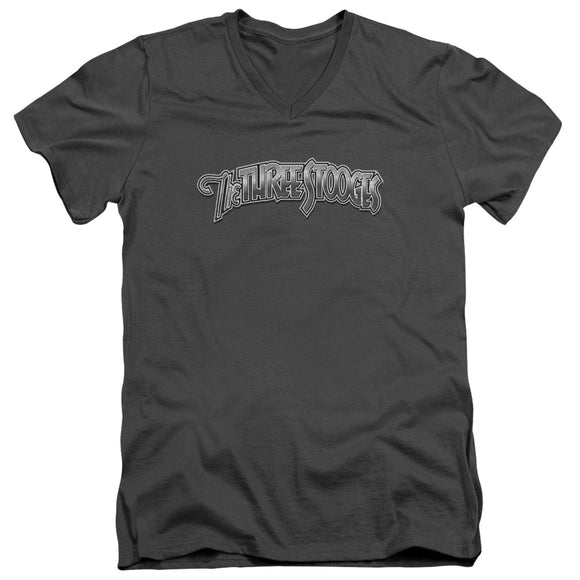 Three Stooges Slim Fit V-Neck T-Shirt Metallic Logo Charcoal - Yoga Clothing for You