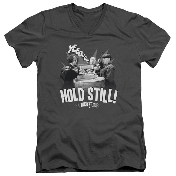 Three Stooges Slim Fit V-Neck T-Shirt Hold Still Charcoal Tee - Yoga Clothing for You