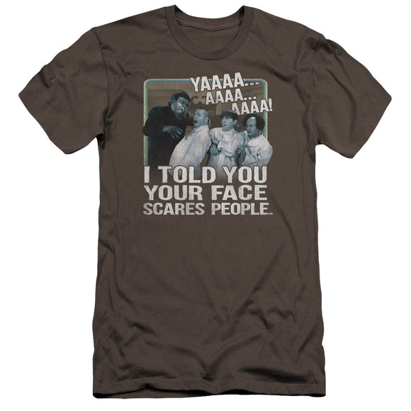 Three Stooges Premium Canvas T-Shirt Your Face Scares People Charcoal - Yoga Clothing for You