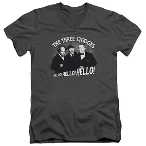 Three Stooges Slim Fit V-Neck Shirt Hello Hello Hello Charcoal - Yoga Clothing for You