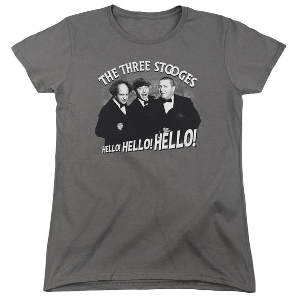 Three Stooges Womens T-Shirt Hello Hello Hello Charcoal Tee - Yoga Clothing for You