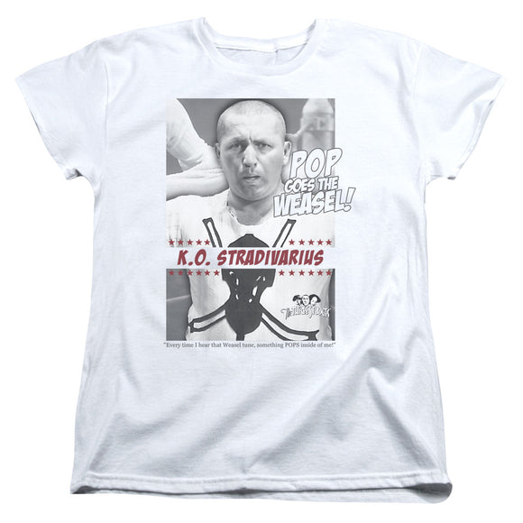 Three Stooges Womens T-Shirt Pop Goes the Weasel White Tee - Yoga Clothing for You