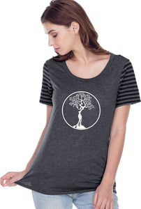 White Tree of Life Circle Striped Multi-Contrast Yoga Tee - Yoga Clothing for You