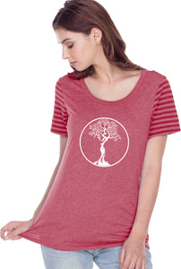 White Tree of Life Circle Striped Multi-Contrast Yoga Tee - Yoga Clothing for You
