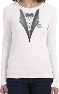 Ladies Tuxedo T-shirt White Flower Long Sleeve - Yoga Clothing for You