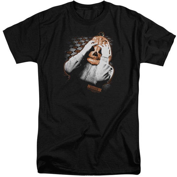 Halloween Tall T-Shirt Worried Pumpkin Mask Black Tee - Yoga Clothing for You