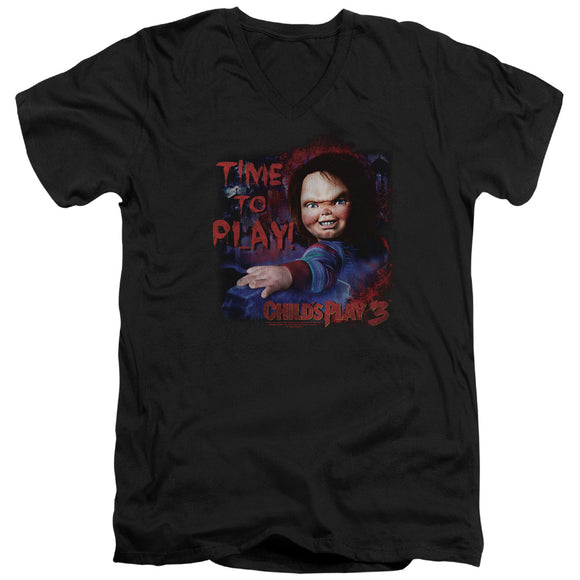 Childs Play Slim Fit V-Neck T-Shirt Chucky Time To Play Black Tee - Yoga Clothing for You