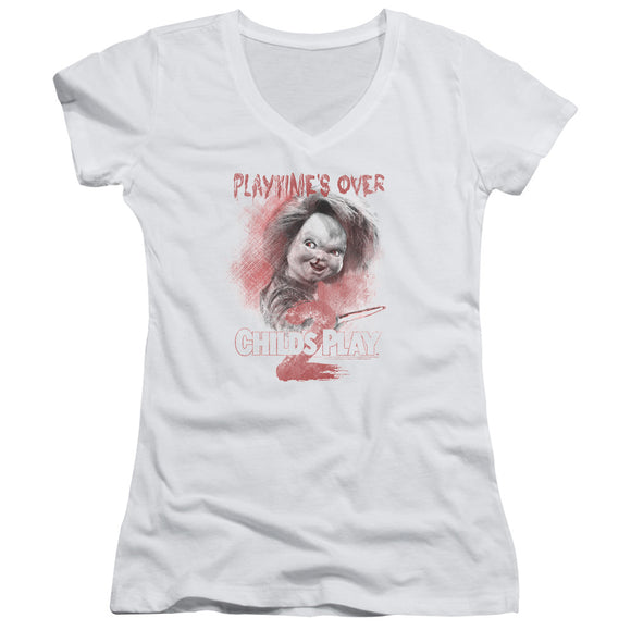 Childs Play Juniors V-Neck T-Shirt Playtimes Over White Tee - Yoga Clothing for You