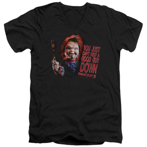 Childs Play Slim Fit V-Neck T-Shirt Can't Keep a Good Guy Down Black Tee - Yoga Clothing for You