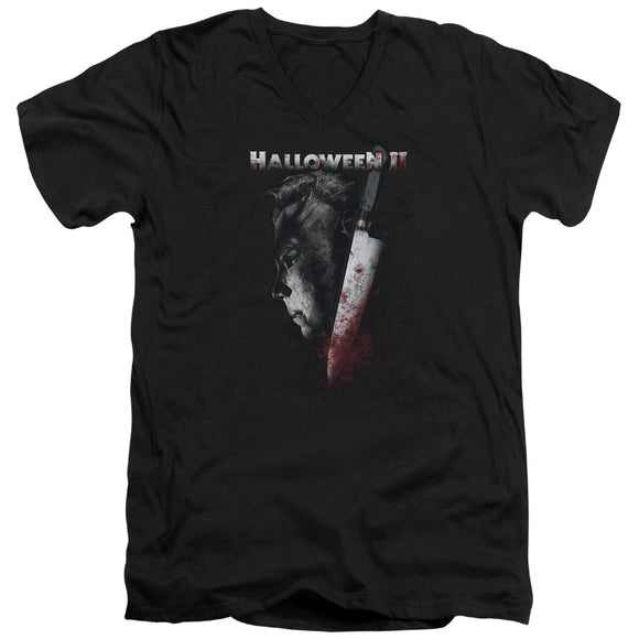 Halloween Slim Fit V-Neck T-Shirt Michael Myers Side Profile Black Tee - Yoga Clothing for You