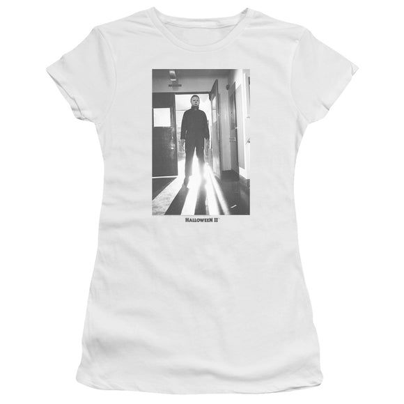 Halloween Juniors T-Shirt Michael Myers in Doorway White Tee - Yoga Clothing for You