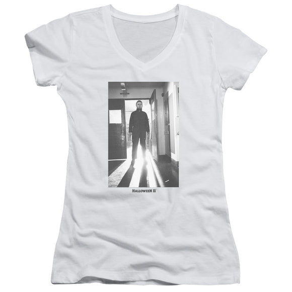 Halloween Juniors V-Neck T-Shirt Michael Myers in Doorway White Tee - Yoga Clothing for You