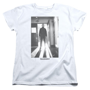 Halloween Womens T-Shirt Michael Myers in Doorway White Tee - Yoga Clothing for You