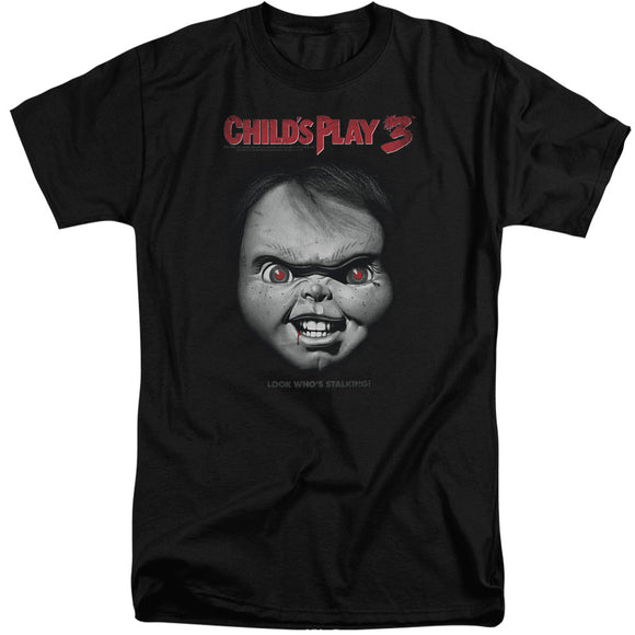 Childs Play Tall T-Shirt Chucky Look Whos Stalking Black Tee - Yoga Clothing for You