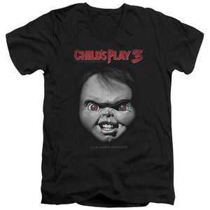 Childs Play Slim Fit V-Neck T-Shirt Chucky Look Whos Stalking Black Tee - Yoga Clothing for You