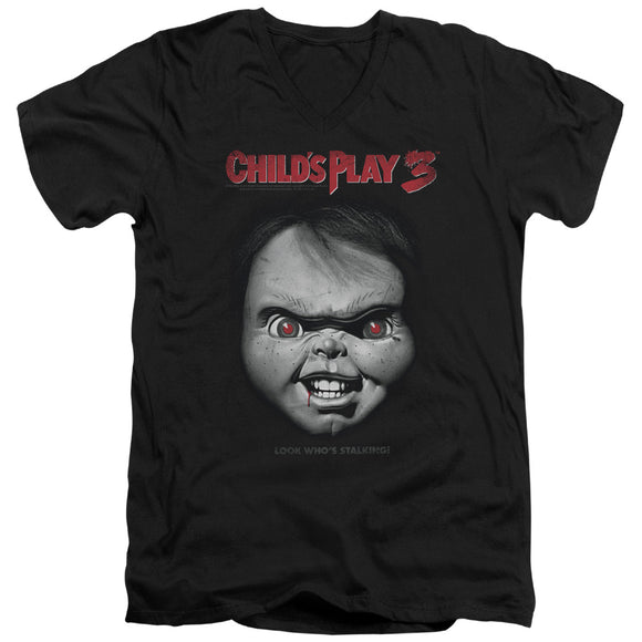 Childs Play Slim Fit V-Neck T-Shirt Chucky Look Whos Stalking Black Tee - Yoga Clothing for You