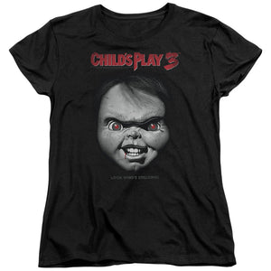 Childs Play Womens T-Shirt Chucky Look Whos Stalking Black Tee - Yoga Clothing for You