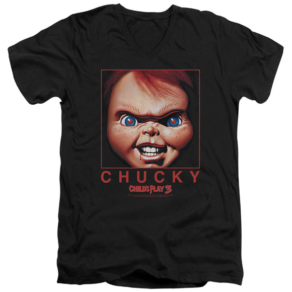 Childs Play Slim Fit V-Neck T-Shirt Chucky Portrait Black Tee - Yoga Clothing for You