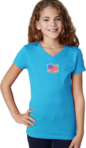 Waving USA Flag Patch Small Print Girls V-Neck Shirt - Yoga Clothing for You