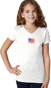 Waving USA Flag Patch Small Print Girls V-Neck Shirt - Yoga Clothing for You