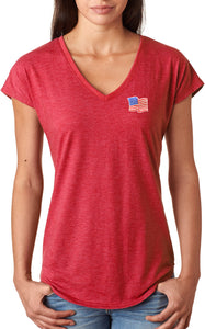 Waving USA Flag Shirt Patch Pocket Print Ladies Triblend V-Neck - Yoga Clothing for You