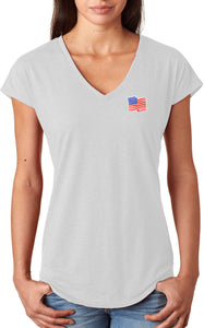 Waving USA Flag Shirt Patch Pocket Print Ladies Triblend V-Neck - Yoga Clothing for You