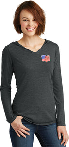 Waving USA Flag Shirt Patch Pocket Print Ladies Tri Blend Hoodie - Yoga Clothing for You