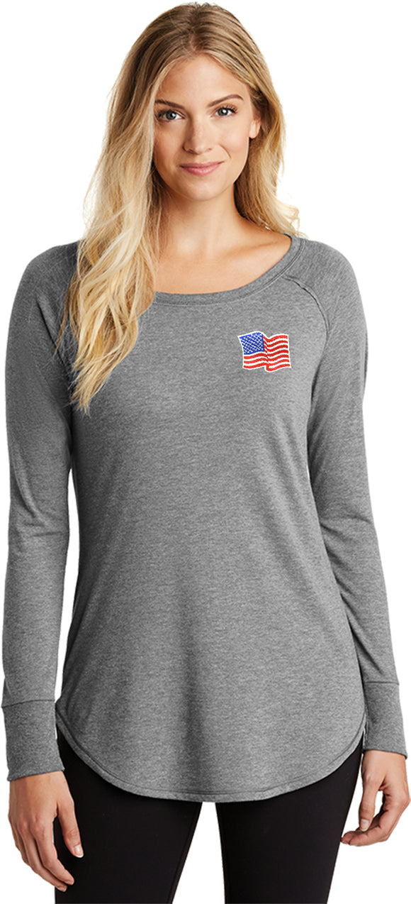 Waving USA Flag Patch Pocket Print Ladies Tri Blend Long Sleeve - Yoga Clothing for You