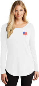 Waving USA Flag Patch Pocket Print Ladies Tri Blend Long Sleeve - Yoga Clothing for You