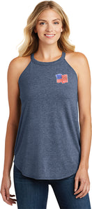 Waving USA Flag Patch Pocket Print Ladies Tri Rocker Tanktop - Yoga Clothing for You