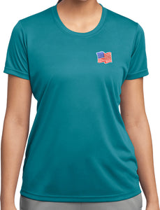 Ladies Waving USA Flag Patch Pocket Print Dry Wicking Tee - Yoga Clothing for You